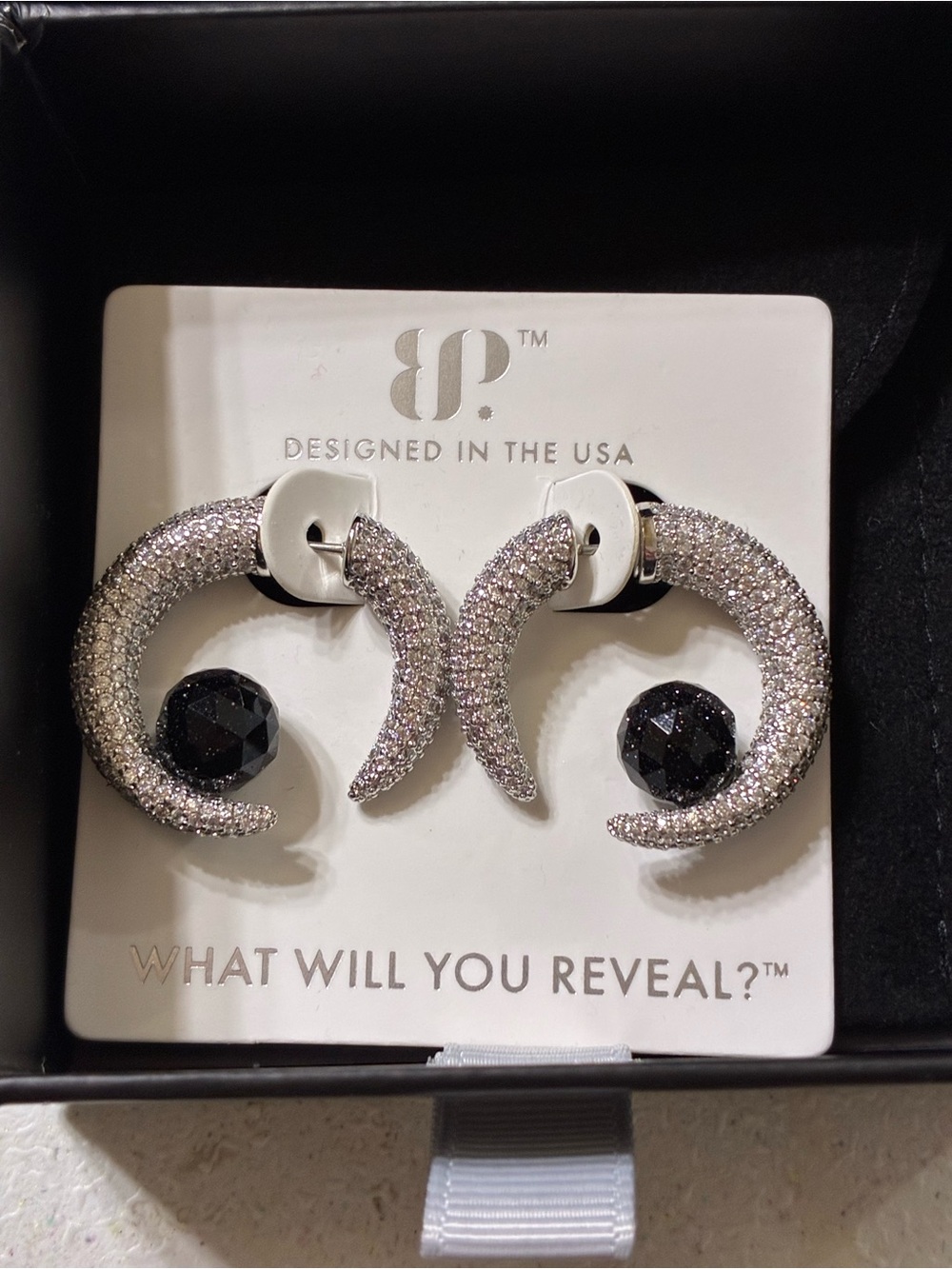 bp Silver Pavé Crescent Hoops with Black Crystal Studs